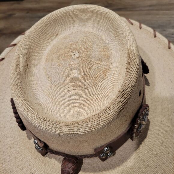 Red Star Riggings Palm Leaf Straw Hat Sz 7-1/8 Brown Leather Band Star Western - Picture 10 of 13
